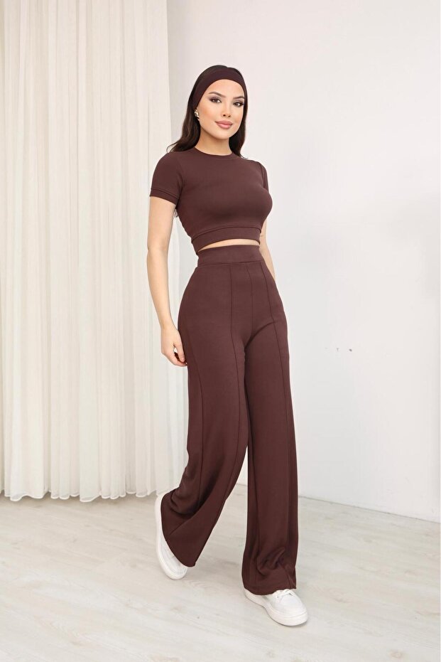 Women's Modal Fabric Crew Neck Short Sleeve Cropped Bottom Top Set