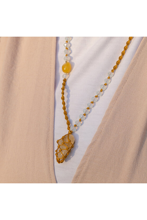 Citrine Natural Stone and Crystal Beaded Pendant - Adjustable Cord with Abundance Energy Byflorya