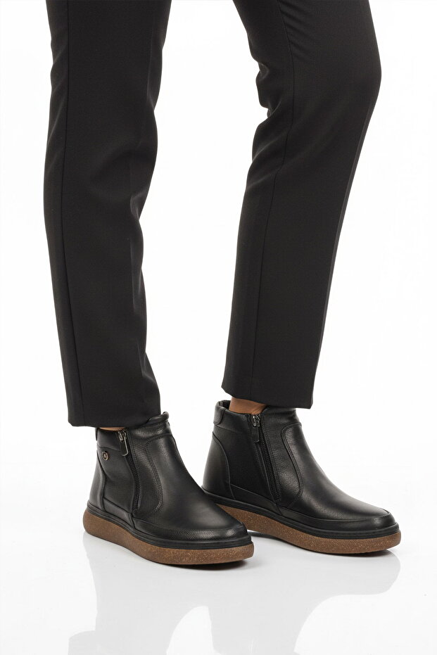 Black Genuine Leather Fleece-Lined Women's Flat Boots