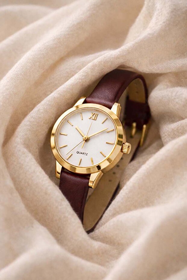 Uggys Minimal Bordo Leather Corded Gold Case Round Women's Wristwatch