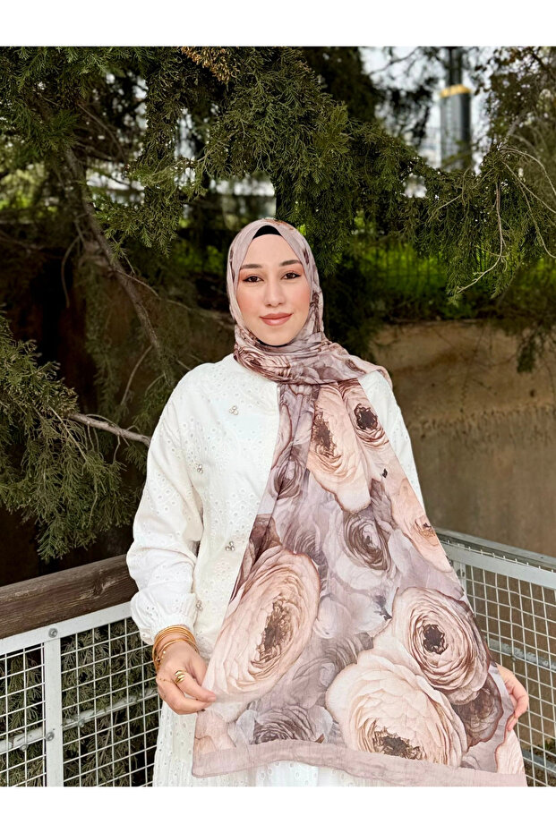 Women's Beige Rose Patterned Anti-Sweat Soft Natural Bamboo Shawl