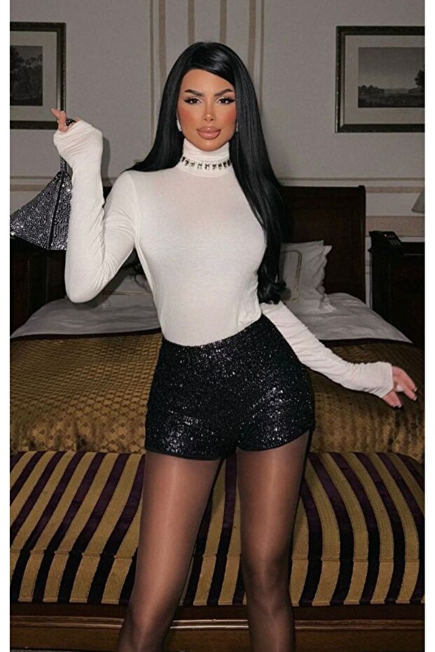 gri payetli detaylı şort - 1