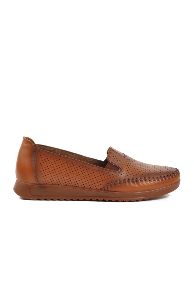 Tan Genuine Leather Orthopedic Women's Flat Comfortable Casual Shoes