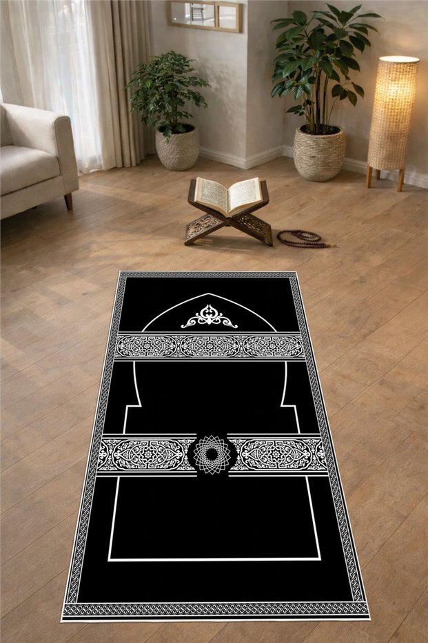 Classic Mihrap Motif Digital Print Piece Non-Slip Sole Washable Black Prayer Rug