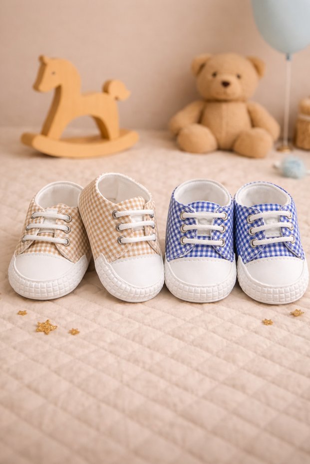 2 Pcs Baby Boy Sports Booties Shoes with Laces Non-Slip Sole First Step Baby Shoes (Blue & Beige)