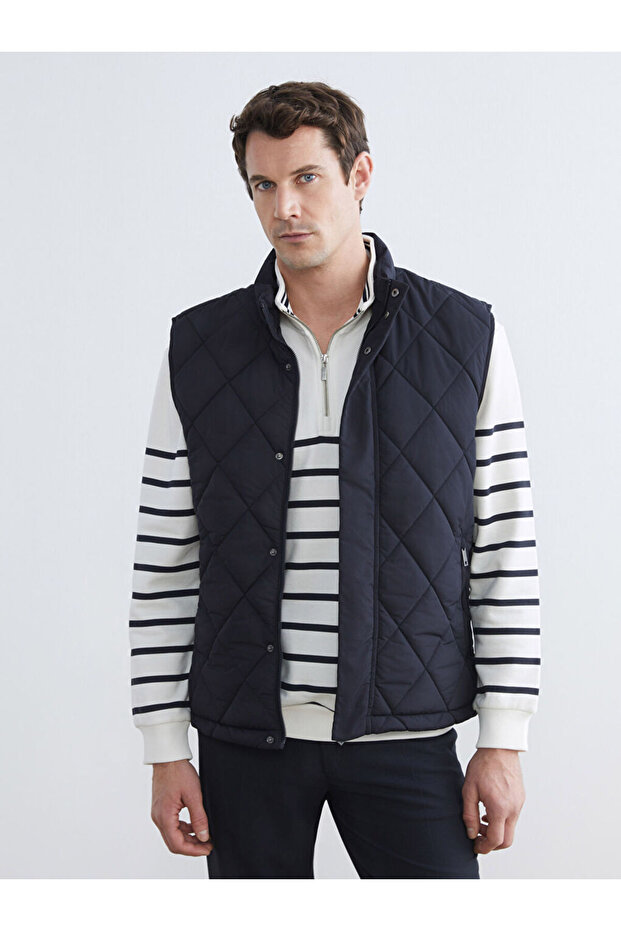 Navy Blue Standard Fit Stand Collar Men's Puffer Vest