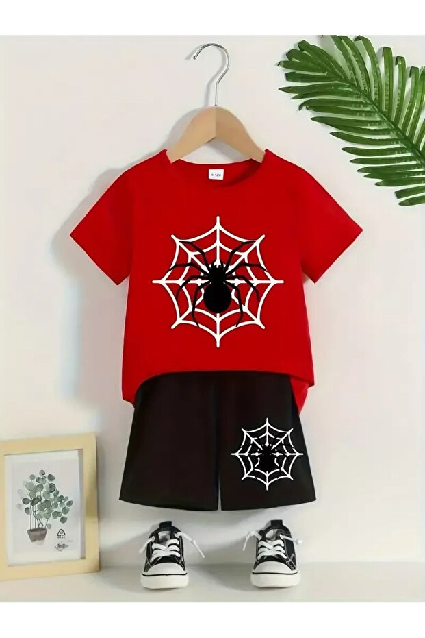 Spider Printed Kids T-Shirt Shorts Bottom-Top Combination Set