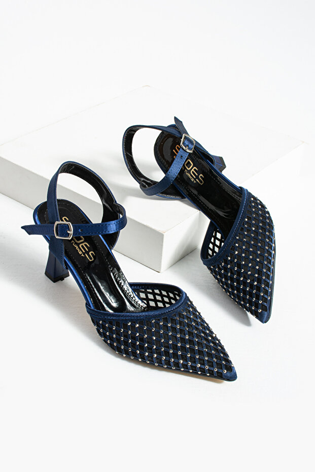 Premium Series Stone Embroidered Mesh Detailed Navy Blue Special Design t Heeled Shoes Comfortable Soft Sole
