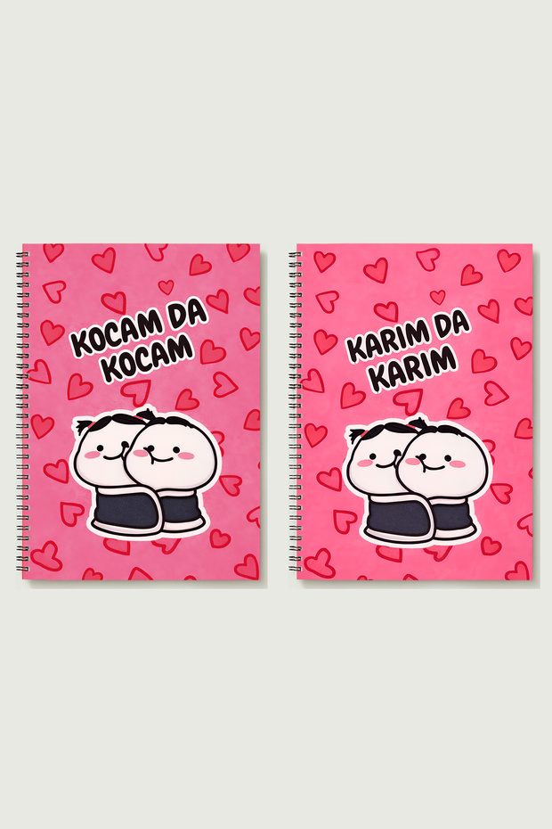 Love & Couple Themed 2-Piece Set Checkered-Lined A5 Metal Spiral Bound Cardboard Cover 50 Yp 100 Sheets A5
