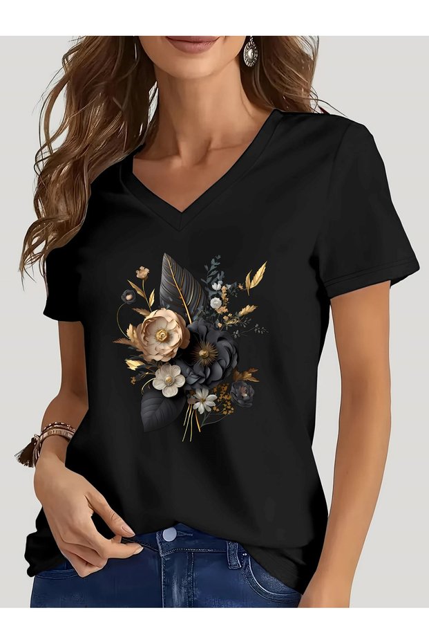 Women's Floral Printed V-Neck Sleeved Regular Fit T-Shirt