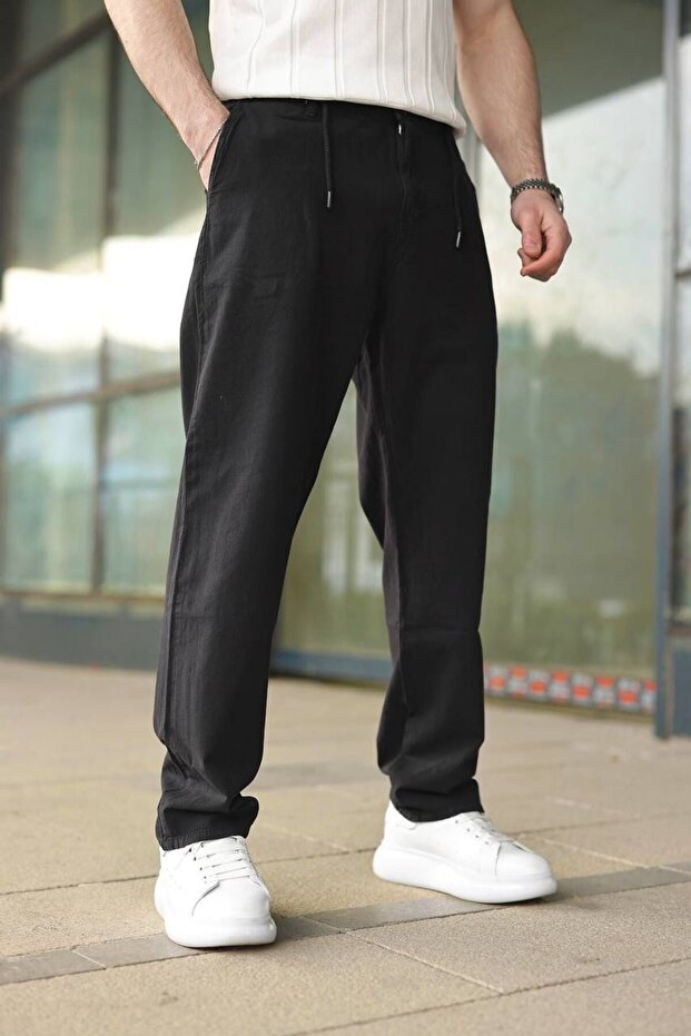 Men's Linen Trousers - Comfortable Cut with Buttoned Zipper and Tie Detail