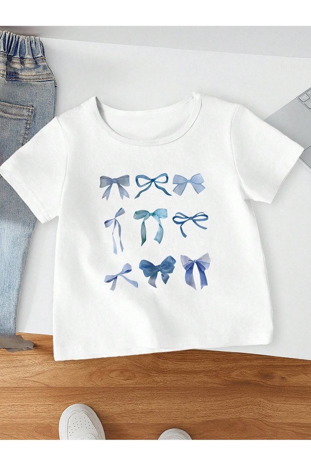 Girl's Blue Ribbon Printed Oversized Comfortable Daily Use Combed Cotton T-Shirt