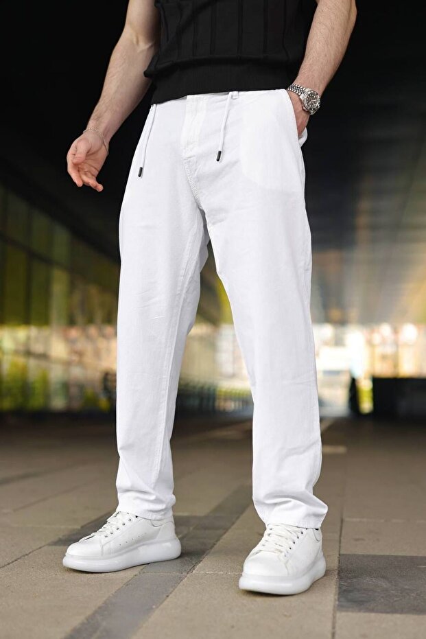 Men's Linen Trousers - Comfortable Cut with Buttoned Zipper and Tie Detail