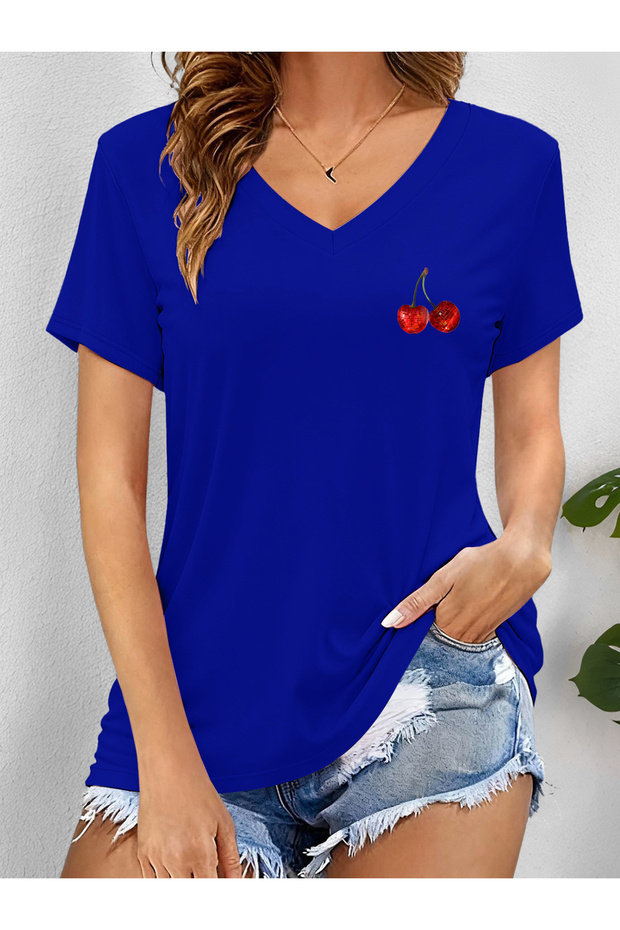 Women's Cherry Printed V-Neck Sleeved Regular Fit T-Shirt