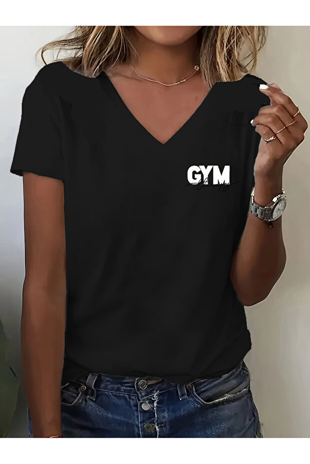 Women's Gym Printed V-Neck Sleeves Regular Fit T-Shirt
