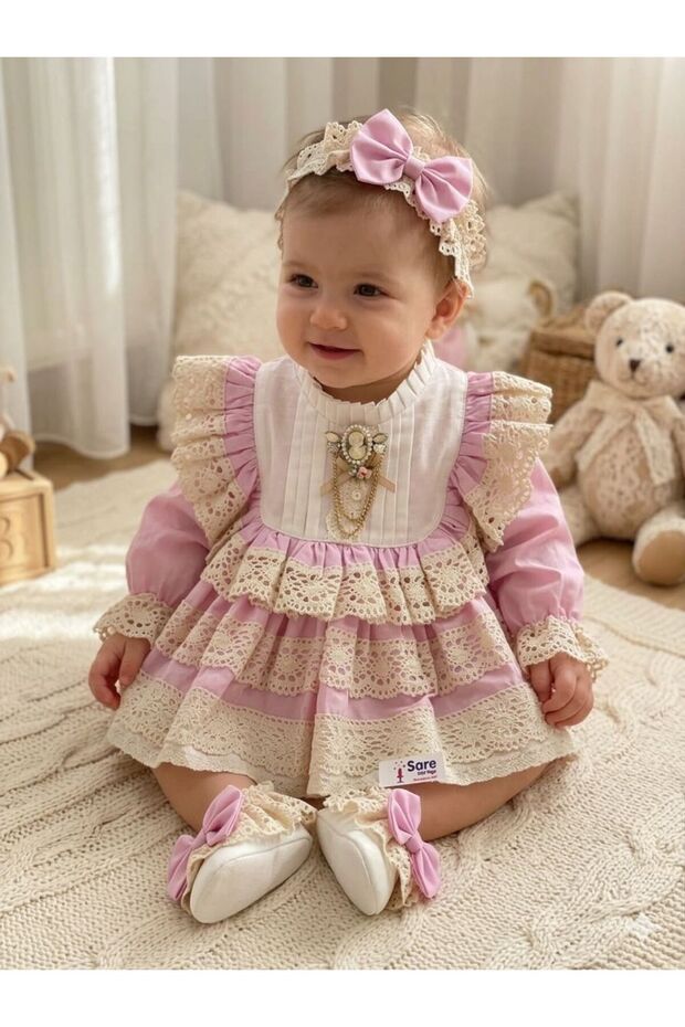 Baby Girl Dress Mevlüt Set Pink 5-Piece Shoe Buckle and Bib Set (100% Cotton)