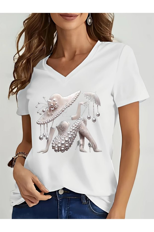 Women's Pearl Pattern B Printed V-Neck Sleeved Regular Fit T-Shirt