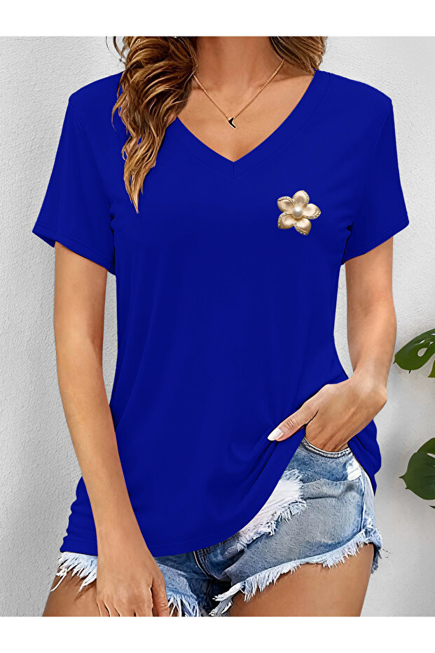 Women's Minimal Printed V-Neck Sleeved Regular Fit T-Shirt