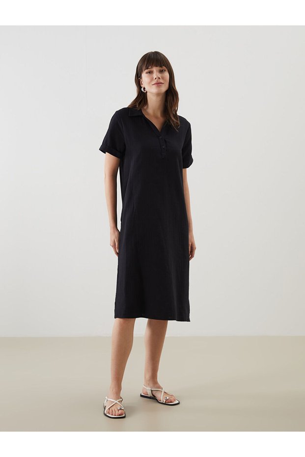 Lcw Comfort Black Shirt Collar Muslin Women's Dress