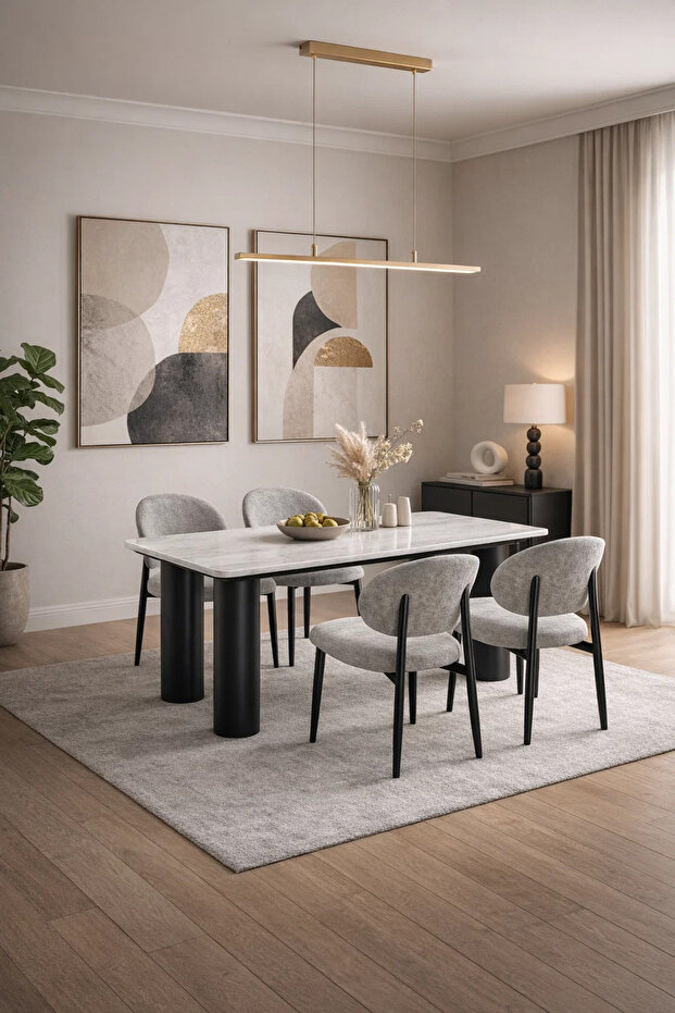 طقم طاولة طعام حديثة بسطح رخامي مع 4 كراسي مبطنة مقاس 160x90x75 سم رخام حديث