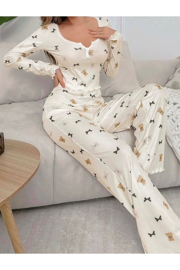 طقم بيجامة نسائي تيدي منقوش ملمس ناعم
