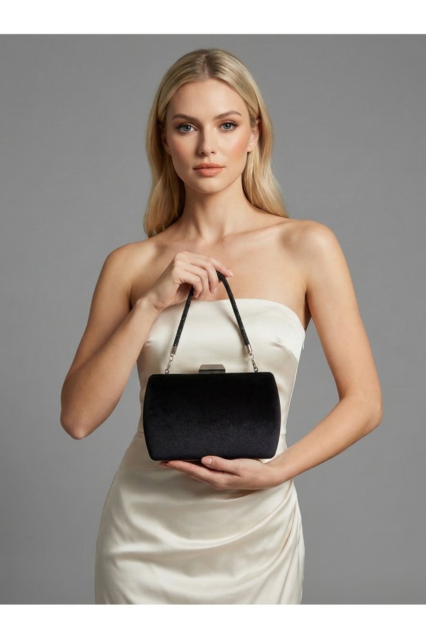Black Color Imported Luxury K Velvet Chain Metal S Strappy Crystal Stone Women's Evening Dress Bag