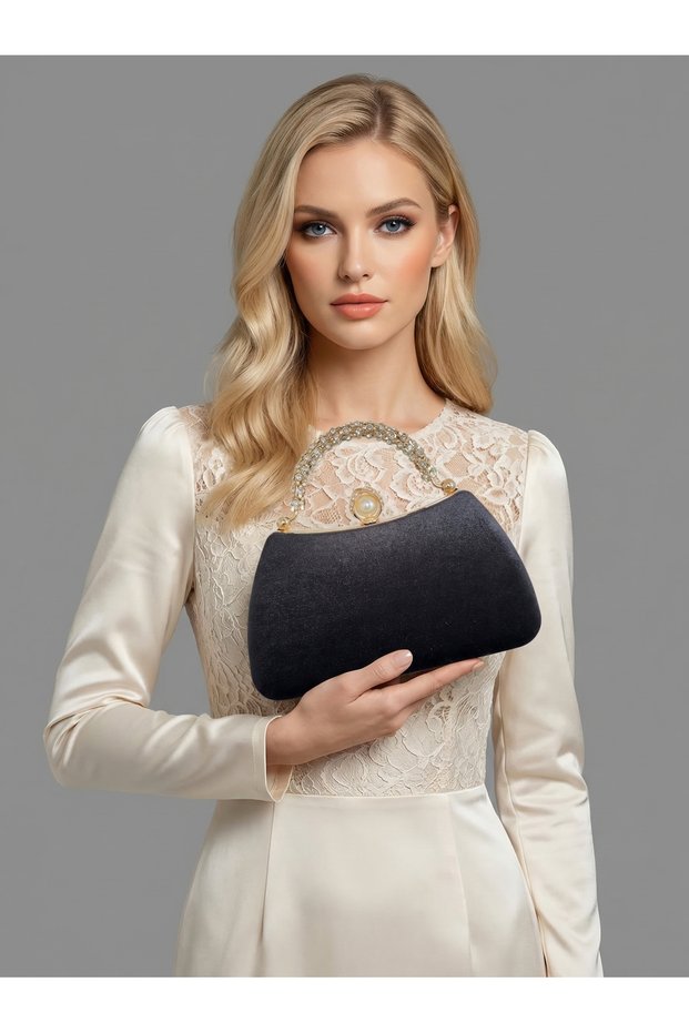Black Color Imported Luxury K Velvet Chain Metal S Strappy Crystal Stone Women's Evening Dress Bag