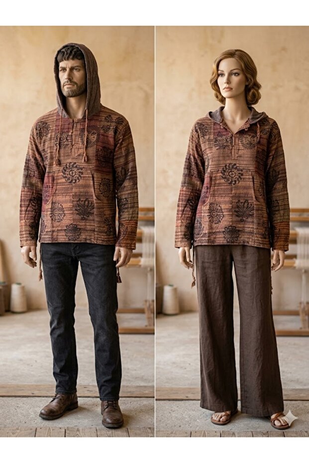 Unisex Indian Ethnic Vintage Patterned Hooded Kangaroo Pocket Sweatshirt
