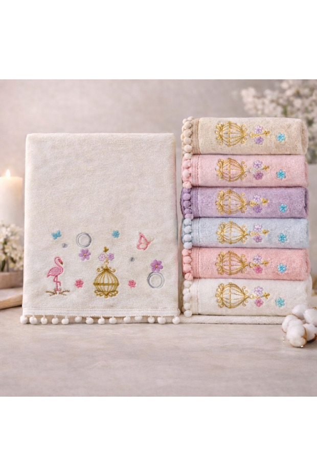 6-Piece Flora Light Flamingo Embroidered Hand-Face Towel Set with Velvet Pompoms (50 X 90 cm)