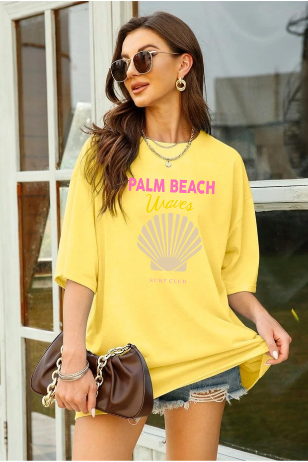 تيشيرت PALM BEACH مطبوع كبير الحجم برقبة دائرية وأكمام قصيرة من القطن الممشط للصيف