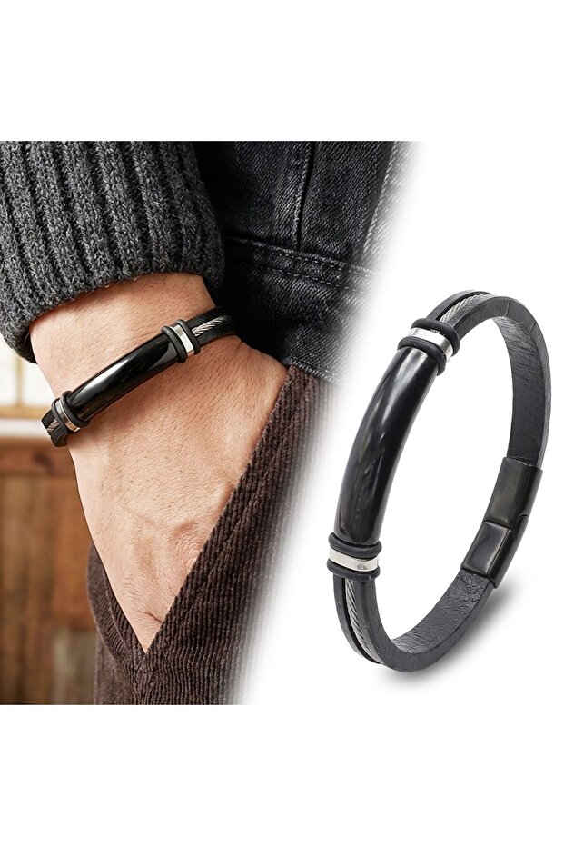 💎 Premium Name-Engravable Steel Wire Rope D Leather and Black Titanium Lock Bracelet 31833B15D1