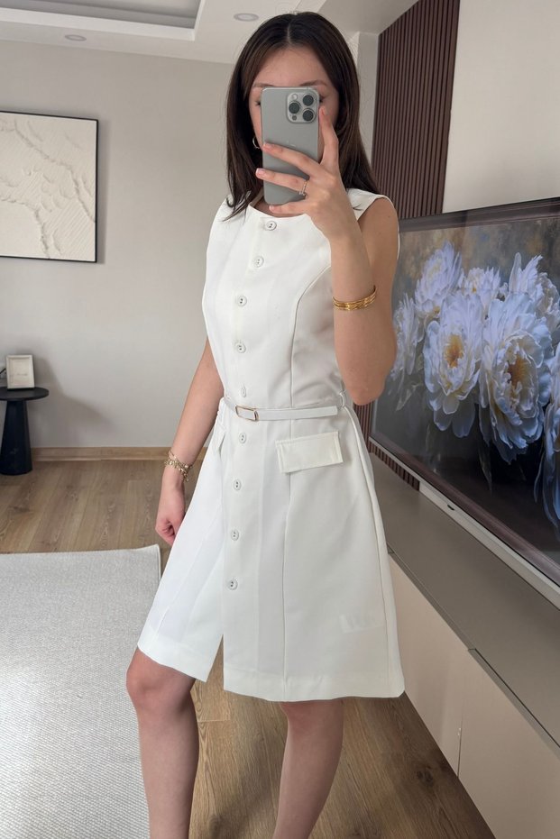 Elegant White Buttoned Short Modern Dress with Belt Buttons