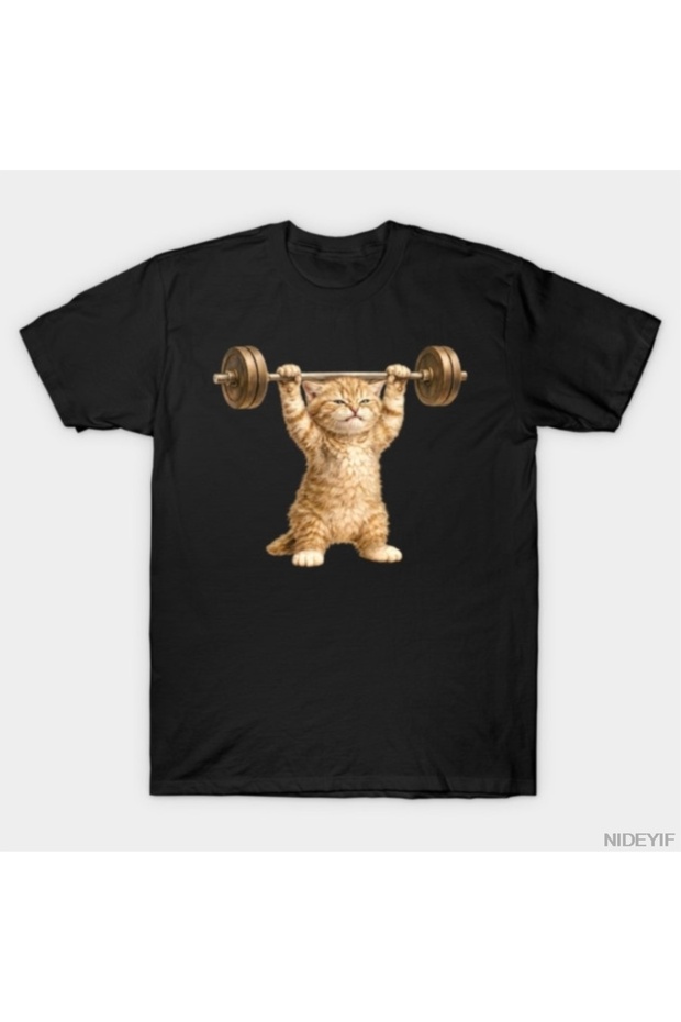 Strong Kitten Lifts Weights Funny Design T-Shirt for Men Women 100% P