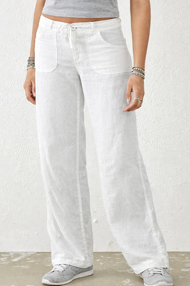 Bethe Beyaz Linen Adjustable Waist Low-Rise Pants