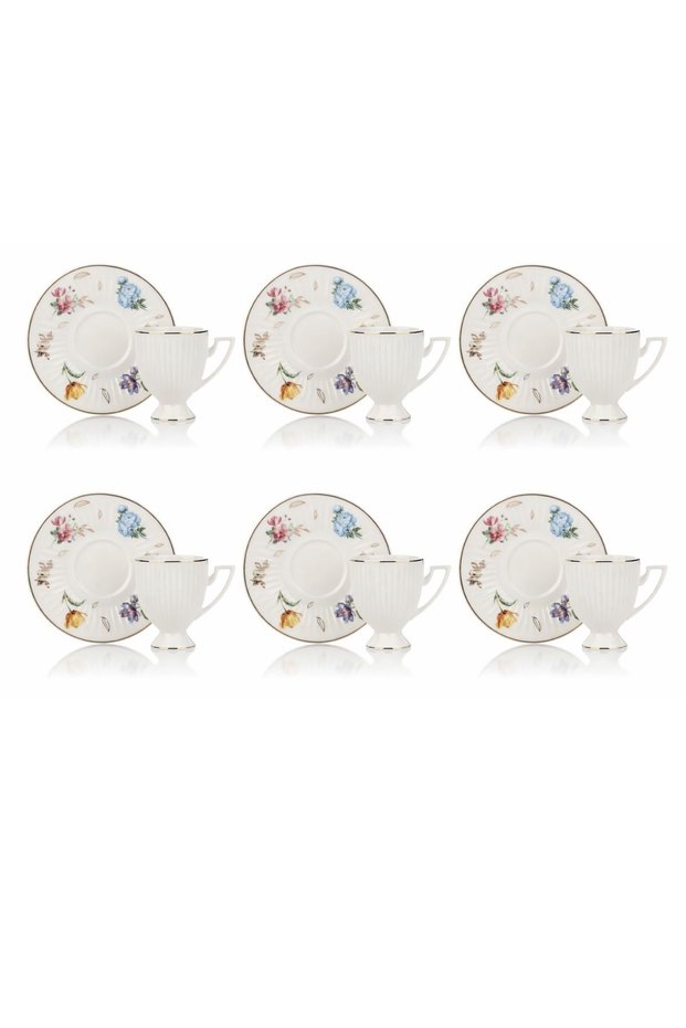 6-Person Porcelain Turkish Coffee Cup Set – Set of Floral Print Gold Gilded Coffee Cups
