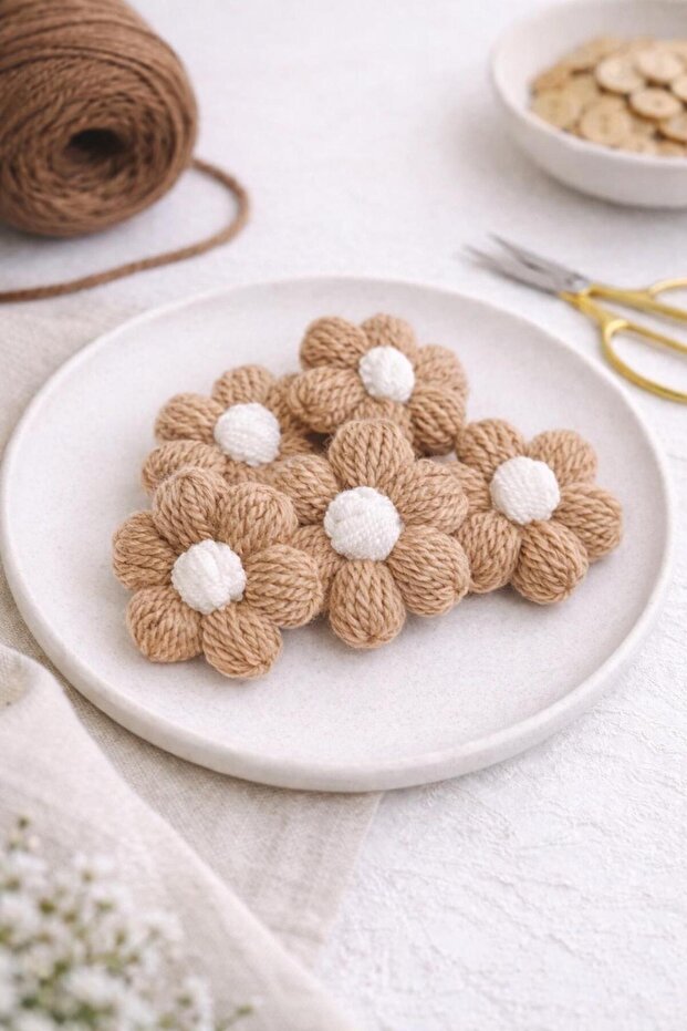 Knitted Daisy Motif Flowers - 10 Pieces