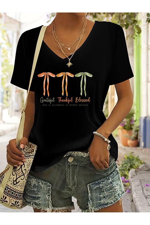 Women's Ribbon Printed V-Neck Sleeved Regular Fit T-Shirt