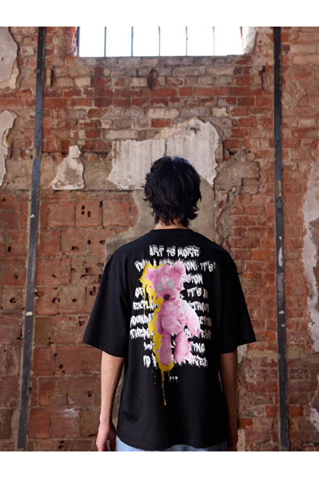 Unisex Black Oversized 100% Cotton Back Printed Crew Neck Street Style T-Shirt Bear