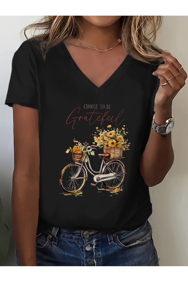 Women's Floral Printed V-Neck Sleeved Regular Fit T-Shirt