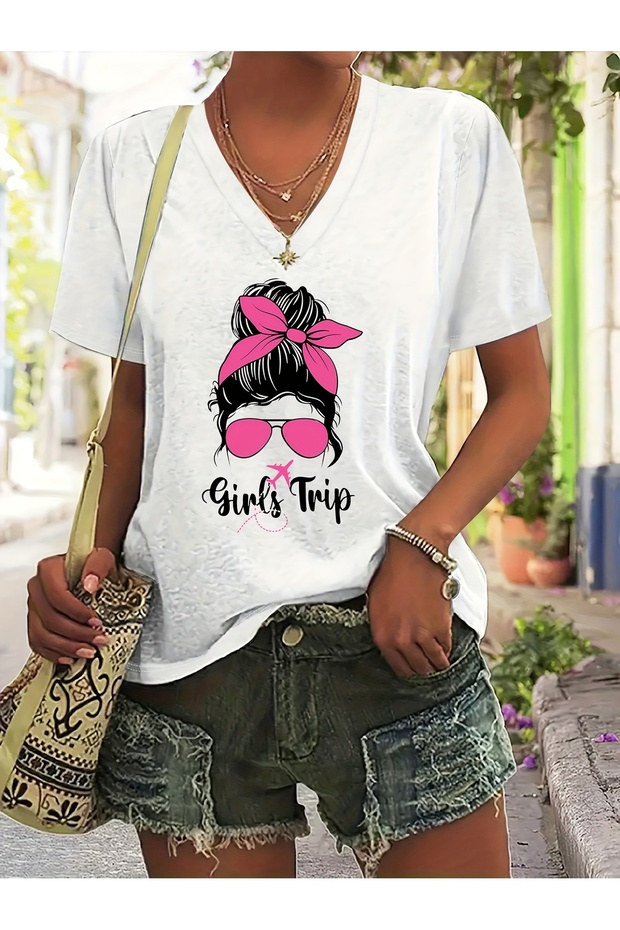 Women's Mix Printed V-Neck Sleeved Regular Fit Comfortable T-Shirt