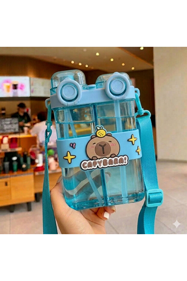 Capybara Figured Double Compartment Children's Water Bottle with Straw - Adjustable Strap Liter Leak-Proof Water Bottle