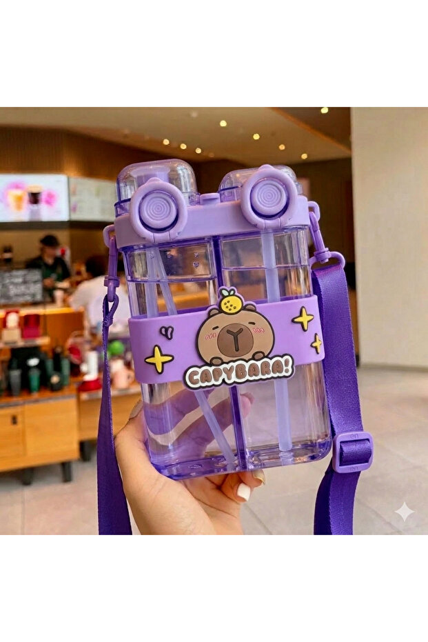 Capybara Figured Double Compartment Children's Water Bottle with Straw - Adjustable Strap Liter Leak-Proof Water Bottle