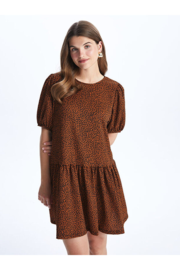 Crew Neck Patterned Short Sleeve Dress