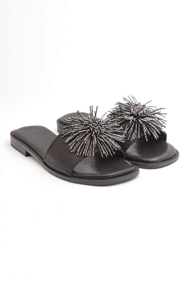Bln 177 Pompon Stone Detail Flat Sole Slipper