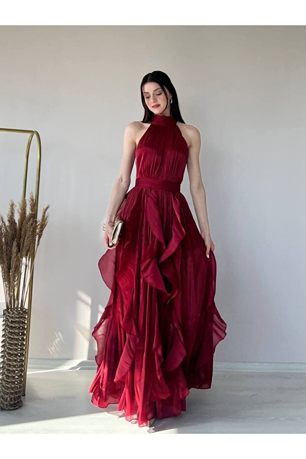 2-Eli-S Strapless Ruffled Slit Zero Sleeve Janjan Chiffon Evening Dress