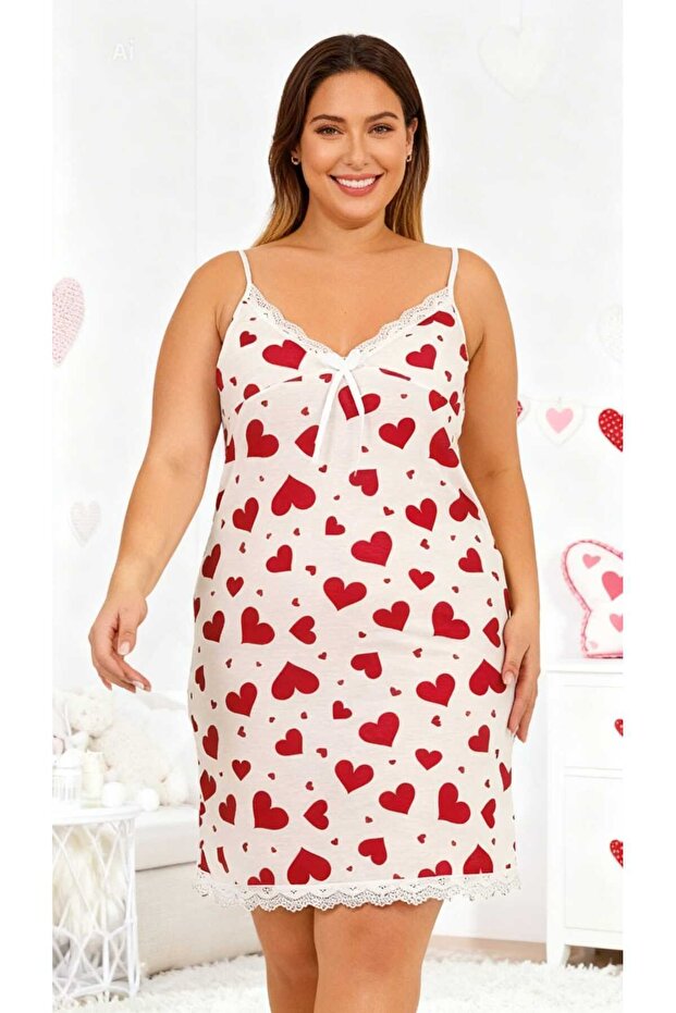 Battal Size Heart Pattern Lace Detail Women's Nightgown (3Xl-4Xl) Size Selection in the Range