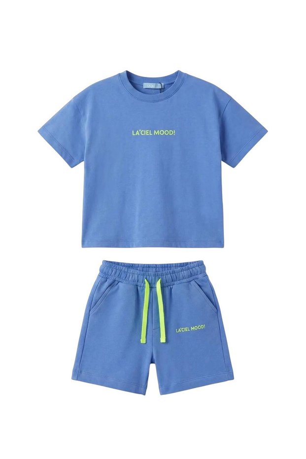 Unisex Kids Printed Blue T-Shirt Shorts Set - Summer Comfortable 2-Piece Set