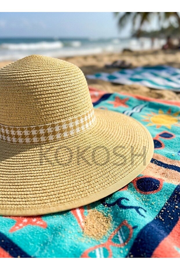 Women's Straw Beach Hat - Open Back Ponytail Detail, Adjustable Sun Hat with Plaid Bows