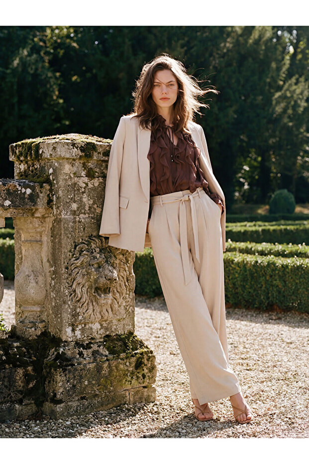 Lcw Vision Beige Wide Leg Women's Trousers with Belt