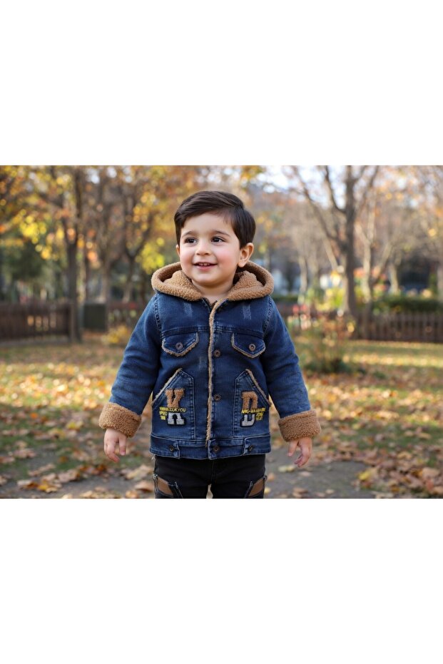 Boy's Hooded Denim Jacket Inside P Plush Sherpa Black Blue